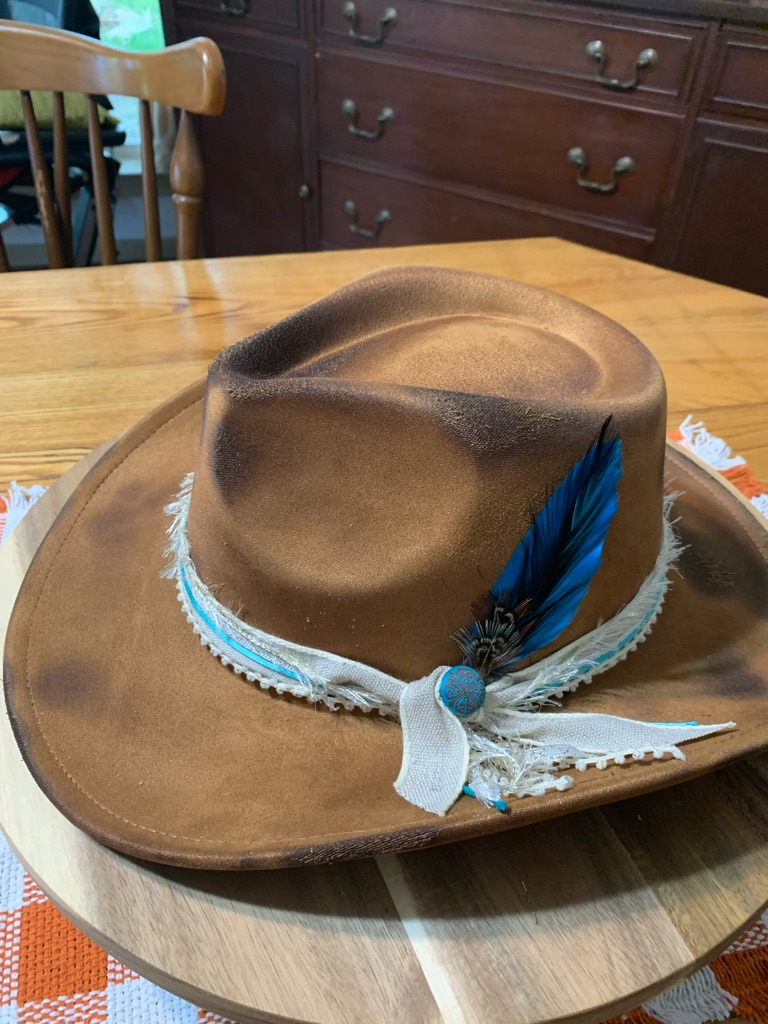 Torched Brown Felt Fedora Hat With Blue Feather Trim With Long Necklace